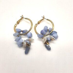 Urban Outfitter Elegant Statement Gold Hoop Earrings Dangling Blue Bead Stones